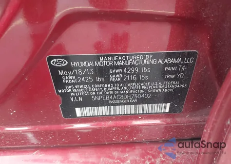 2013 Hyundai Sonata Gls из США, поврежденный, VIN 5NPEB4AC8DH750402